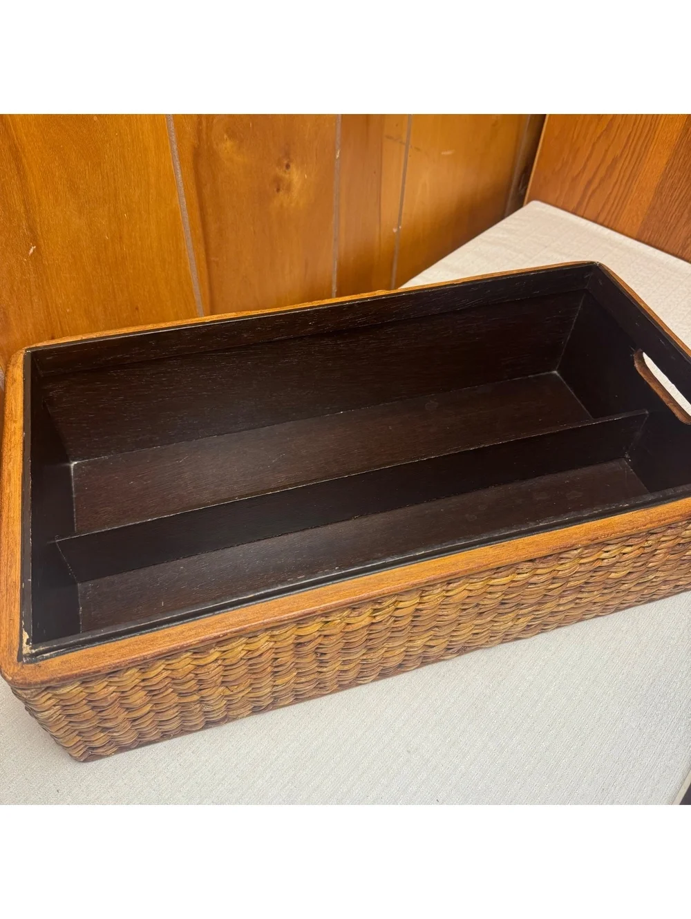 Vintage Woven Water Hyacinth Storage Basket Wood Organizer Bin 22x12x6